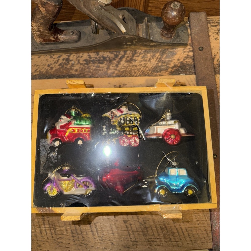 VINTAGE SANTA'S WORKBENCH 6 BLOWN GLASS CHRISTMAS ORNAMENTS IN WOOD CRATE